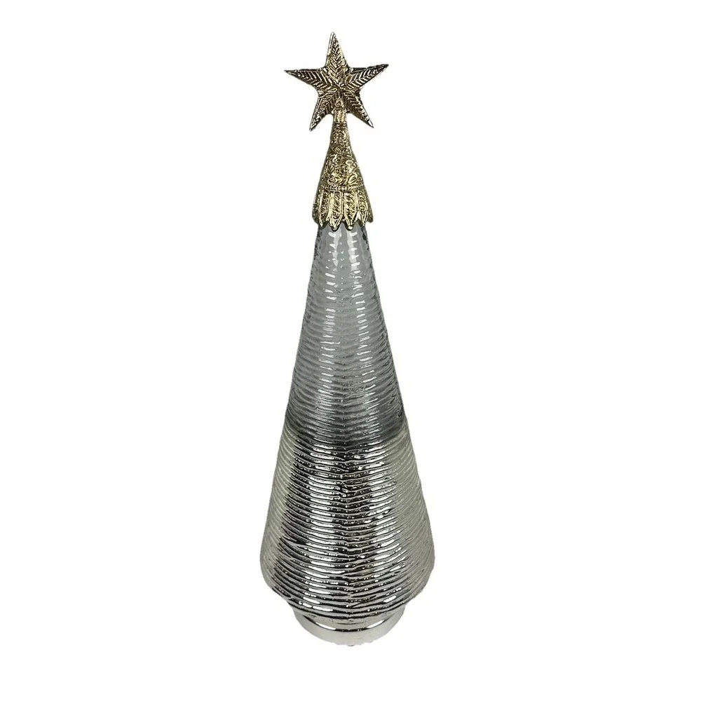 Silver Mercury Glass Christmas Tree Decor w/ Gold Star Topper 19